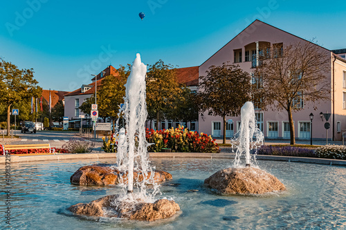 Beautiful summer view with a water fountain at Therme Bad Griesbach, Bavaria, Germany