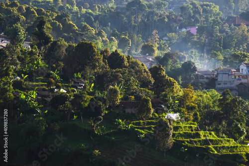 Beautiful view of morning hill with villages house and ricefields in Lembang, West Java, Indonesia
