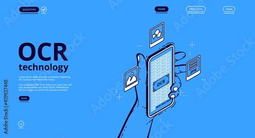 OCR technology banner. Optical character recognition service for scan and digitalisation information from paper document, image and handwritten text. Vector landing page with isometric smartphone photo