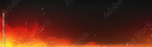 Fire with sparks and smoke isolated on transparent background. Vector realistic illustration of hot blaze with flying sparkles and burning particles from bonfire, ignition or blacksmith stove