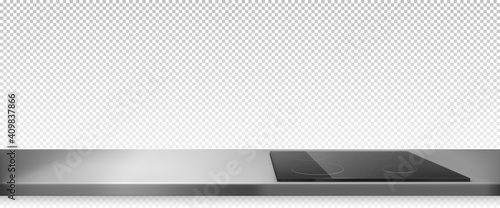 Electric stove, induction cooking panel on kitchen counter. Vector realistic black ceramic cooktop on empty gray countertop. Kitchen table with electrical plate isolated on transparent background