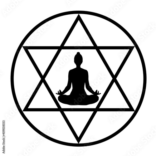 Simple drawing with a yogi in the lotus position in a stylized pentagram