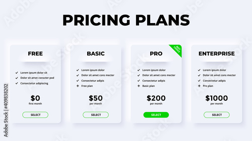 Neumorphic Vector Infographic. Pricing plan. Marketing web page. Presentation slide template. White banners. 