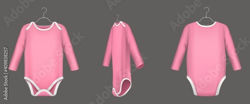 Baby bodysuit, pink infant romper with long sleeves front, back and side view. Vector realistic mockup of blank cotton clothes for kids, newborn body suit for girl isolated on white background