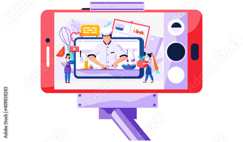 Culinary blog video on phone screen. Professional chef slices paprika on a cutting board for the salad. Video recording for the Internet. A man teaches to cook different dishes. Online cooking