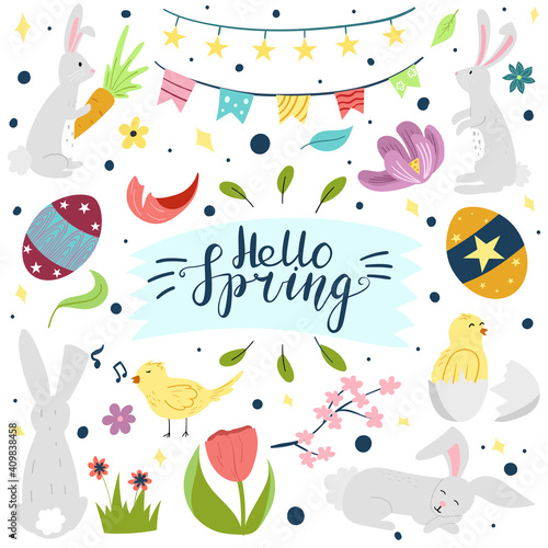 Hello spring banner template with bunny rabbit, chick and flowers.