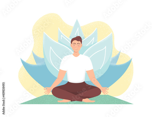 Man meditating in nature. Concept for man yoga, meditation, relax, recreation, healthy lifestyle. Lotus position. Breathing exercise. Spiritual practice. Vector illustration with noise texture.