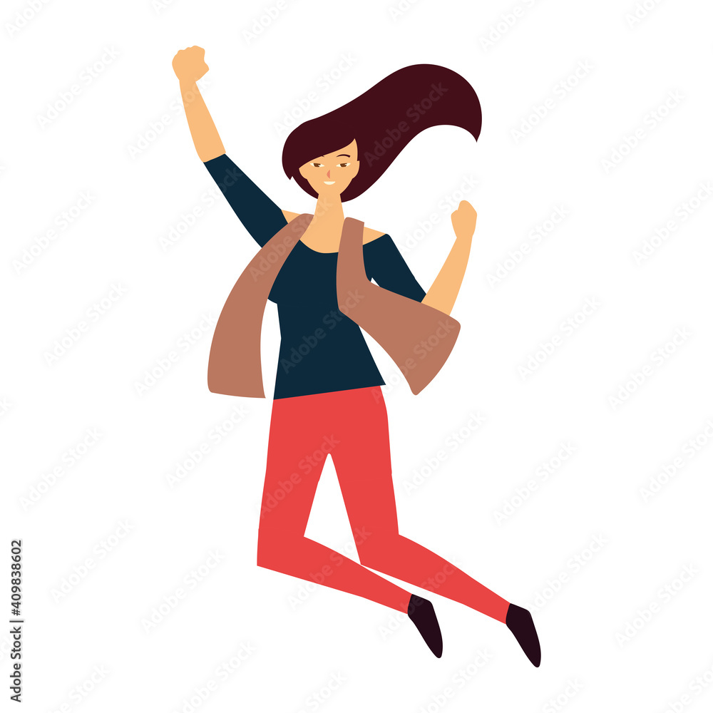young woman jumping hands up celebrating white background