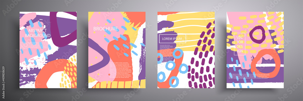 Abstract vector illustration of covers with graphic geometric elements. Set of four creative minimalist hand-drawn illustrations for home decor, postcards or social media. Abstract vector illustration of covers with graphic geometric elements. Set of four creative minimalist hand-drawn illustrations for home decor, postcards or social media.