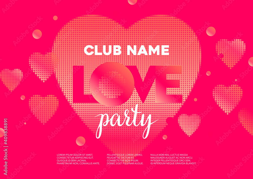 Horizontal love party background with red hearts, graphic elements and text.  Vector illustration.