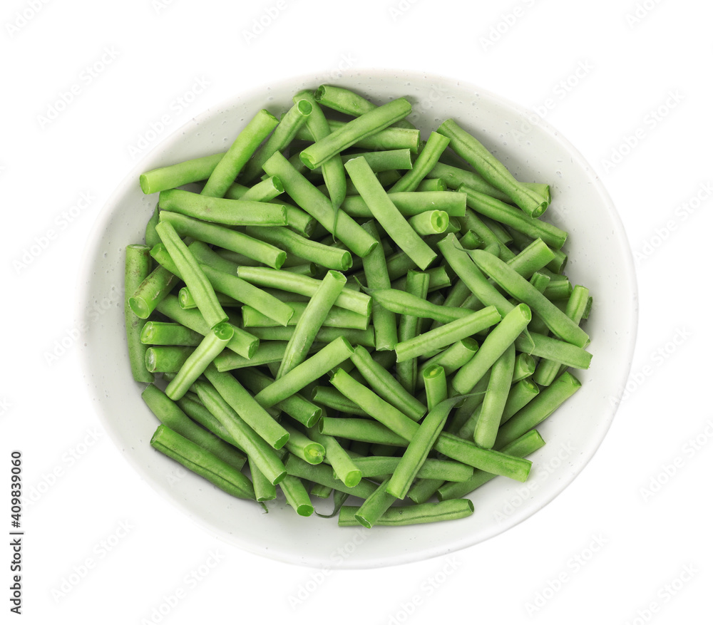 Fresh green beans in bowl isolated on white, top view Fresh green beans in bowl isolated on white, top view