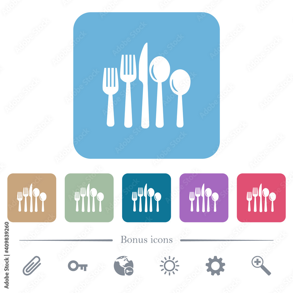 Cutlery flat icons on color rounded square backgrounds Cutlery flat icons on color rounded square backgrounds