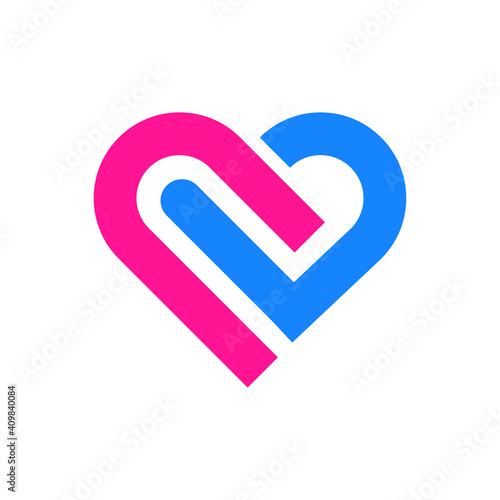 Día de San Valentín. Logotipo dos corazones unidos con lineas en color rosa y azul