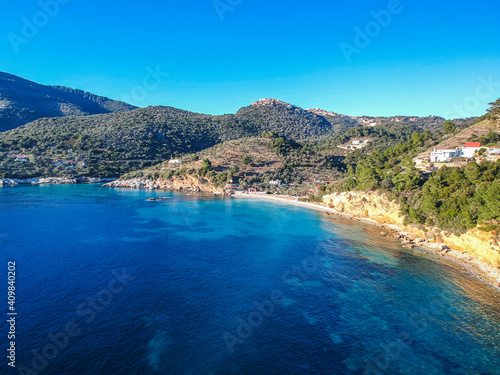 Fototapeta Naklejka Na Ścianę i Meble -  Aerial view over western Alonnisos island and the rock formation. Natural landscape, beautiful Greek scenery, spectacular view in Sporades, Aegean sea, Greece