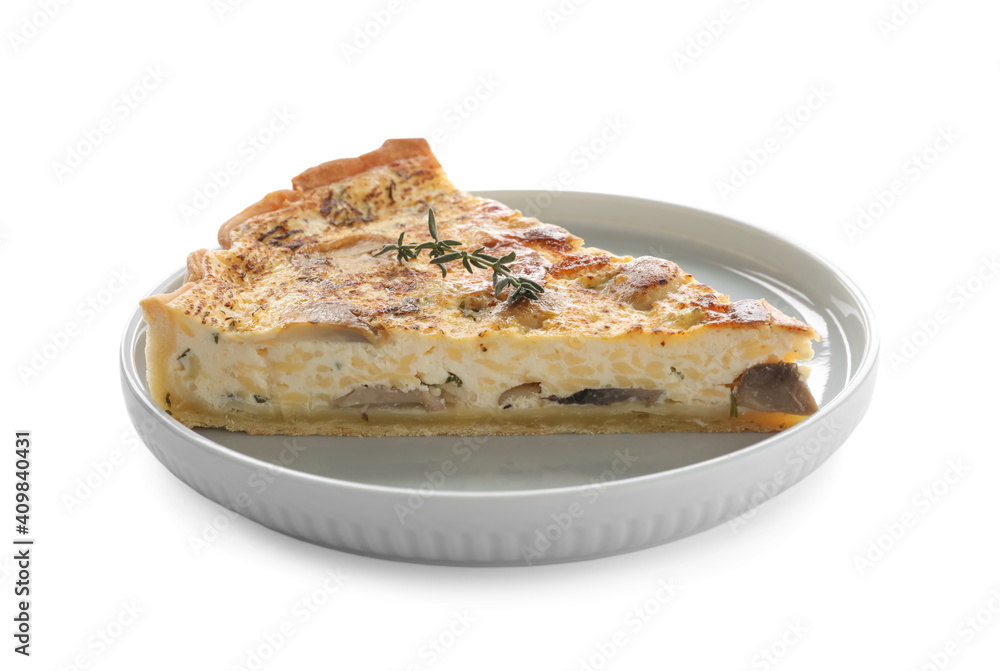 Delicious pie with mushrooms and cheese isolated on white, closeup Delicious pie with mushrooms and cheese isolated on white, closeup