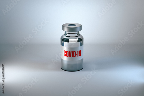 A Coronavirus Covid-19 vaccine vial on white background.