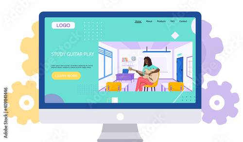 Study guitar play landing page template, girl with guitar sitting on chair, musician guitarists hobby. Woman learns to play acoustic guitar stringed musical instrument in classroom of music school