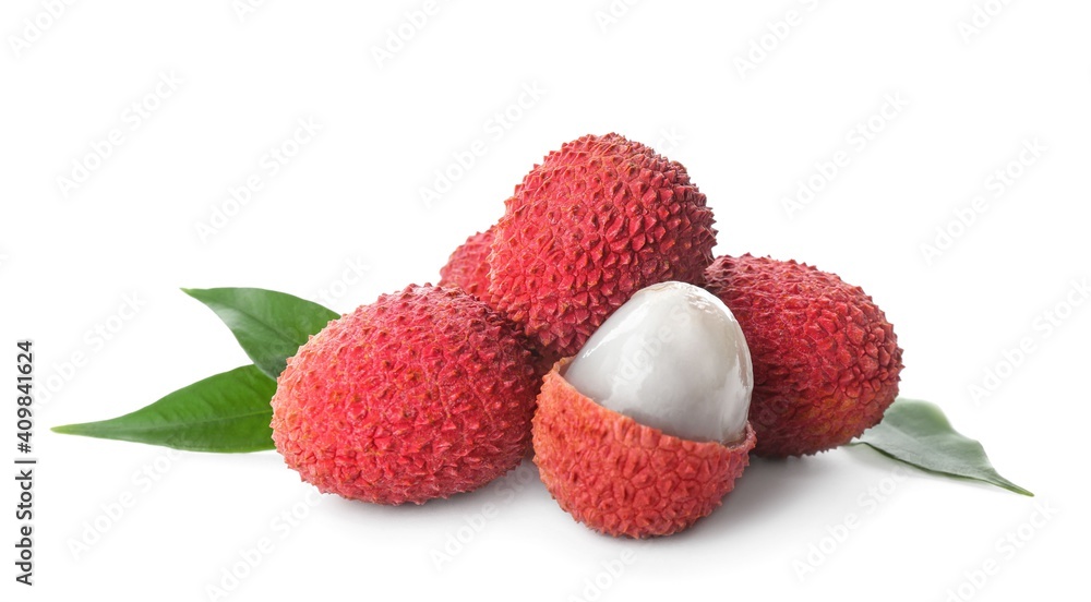 Pile of fresh ripe lychees with green leaves on white background Pile of fresh ripe lychees with green leaves on white background