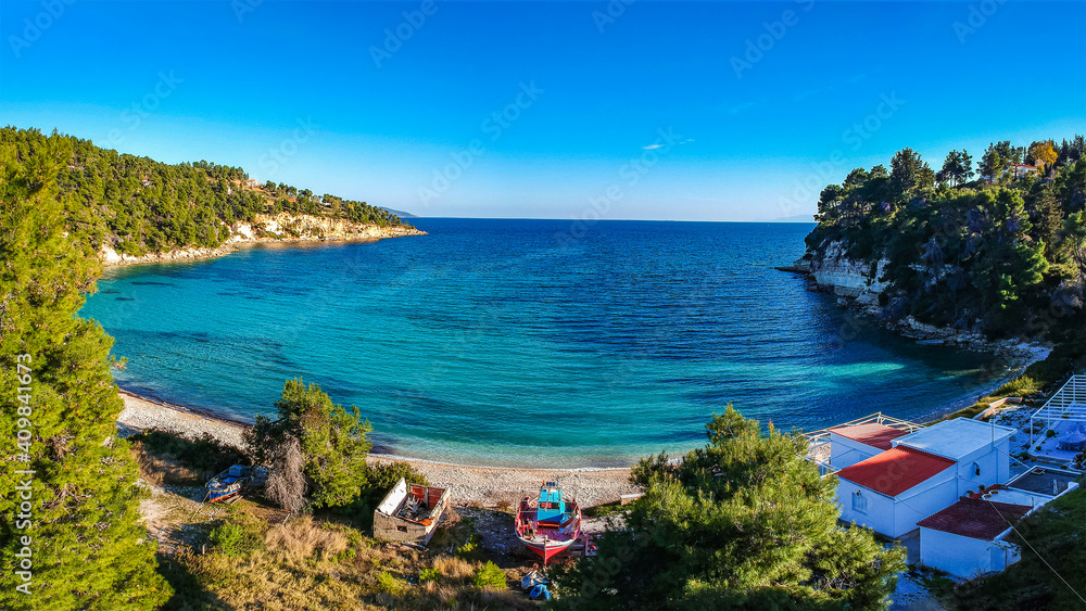 Panoramic view of Chrysi Milia beach in Alonnisos island, Greece