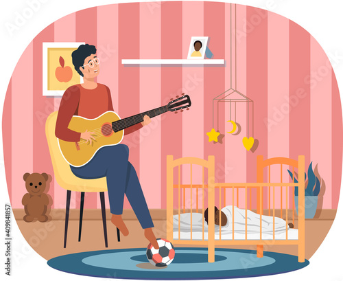 Man playing guitar. Dad singing lullaby to baby at night and helps him to sleep. Musician creates music. Father playing strings on instrument. Family rest together at home. Guitarist makes melody