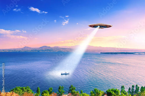 UFO flies over the lake and shines  its beam on ship, 3D illustration