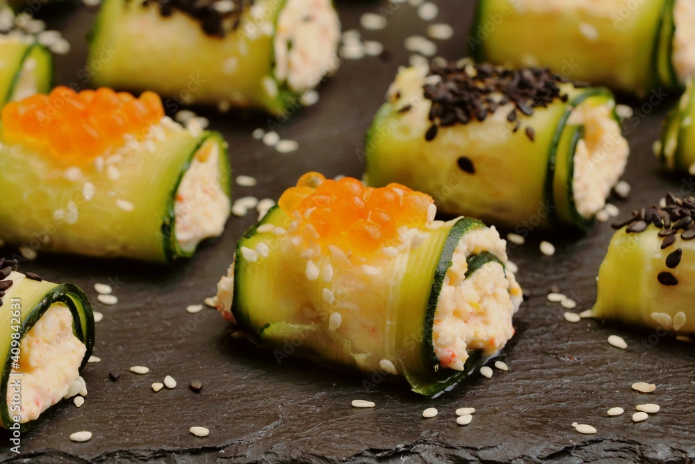 Cucumber rolls, vegetarian food, delicious and healthy breakfast Cucumber rolls, vegetarian food, delicious and healthy breakfast