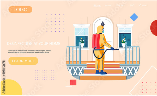 Man from epidemiological service doing disinfection on doorstep to kill viruses and bacteria landing page. Male character in protective suit sprays territory with disinfectant solute on terrace