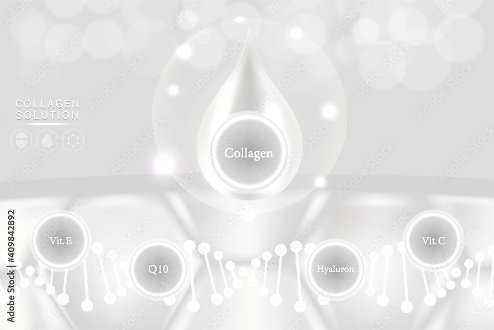 Hyaluronic acid skin solutions ad, white collagen serum drop with cosmetic advertising background ready to use, illustration vector. Hyaluronic acid skin solutions ad, white collagen serum drop with cosmetic advertising background ready to use, illustration vector.