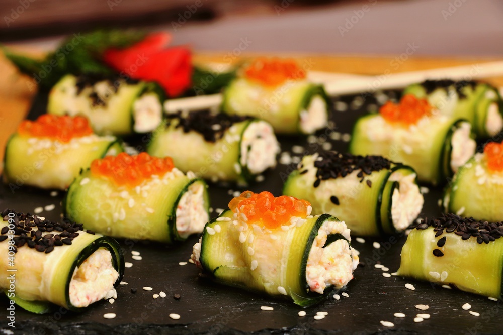 Cucumber rolls, vegetarian food, delicious and healthy breakfast
