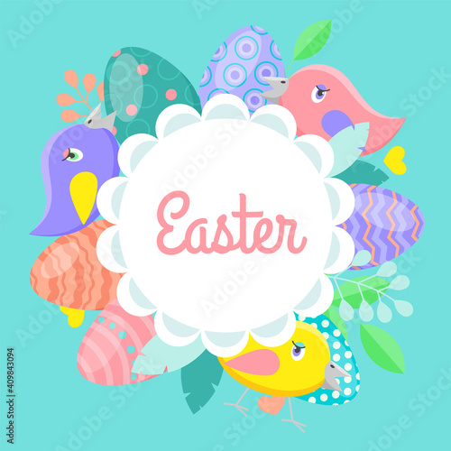 Easter vector card, eggs in bright colors and cute birds.