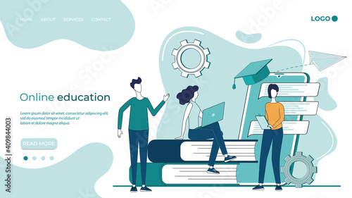 Online education.Educational webinar,online education at home.Online advanced training courses.the concept of distance learning.flat vector illustration.The landing page template.