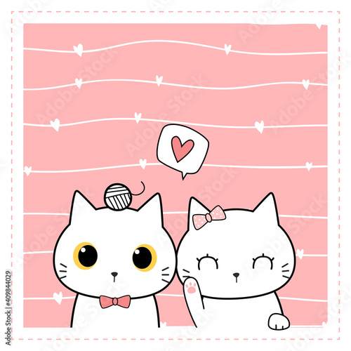 Cute adorable little white cat kitty lover greeting cartoon doodle valentine card on pink pastel background wallpaper, can use for nursery or print on product