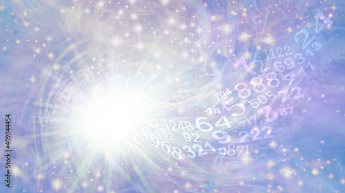 Numerology Vortex Ethereal Background - Bright white light burst rotating star with sparkles on ethereal pastel blue purple with a flow of random numbers spiraling towards the white light 