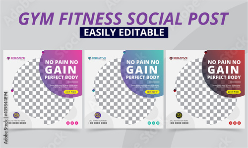 Fitness gym social media post for workout clubs & studio free trails, offer templates. Modern geometric sports shop & yoga Instagram and Facebook promo square posts & banner fresh layout vector sets.