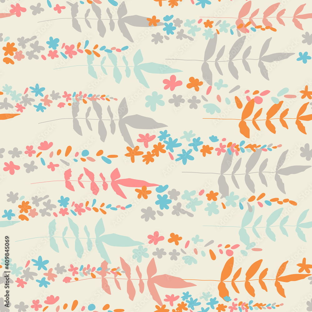 Floral vector seamless pattern. Simple stylized flowers and leaves background made with clipping mask for easy editing. Floral vector seamless pattern. Simple stylized flowers and leaves background made with clipping mask for easy editing.