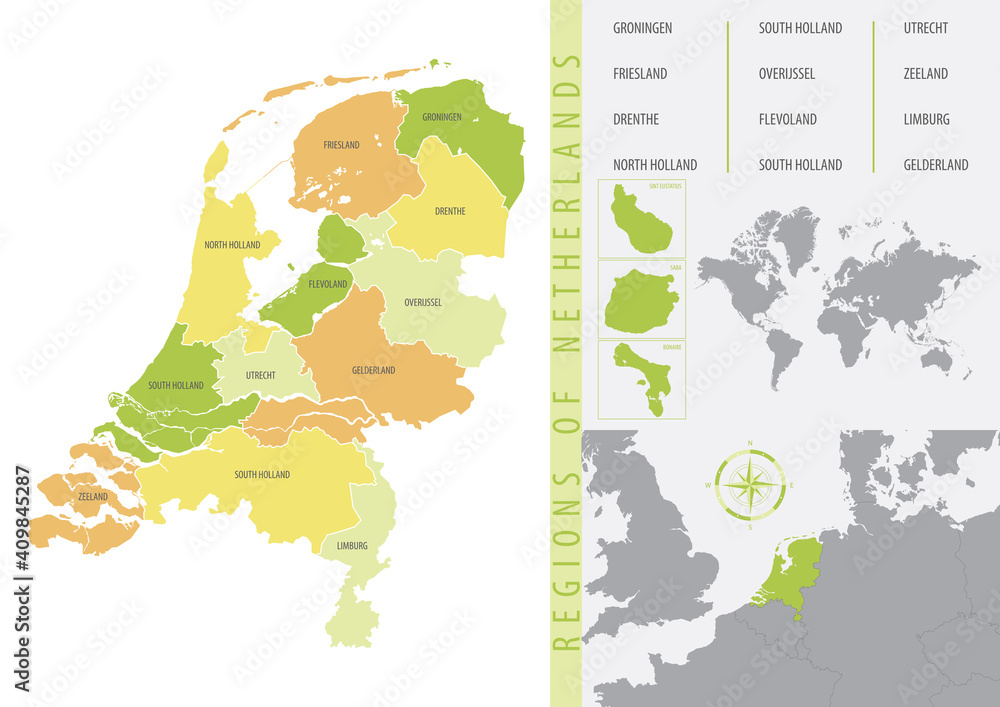Fototapeta Szczegółowa mapa wektorowa Holandii z podziałem administracyjnym na prowincje i wyspy