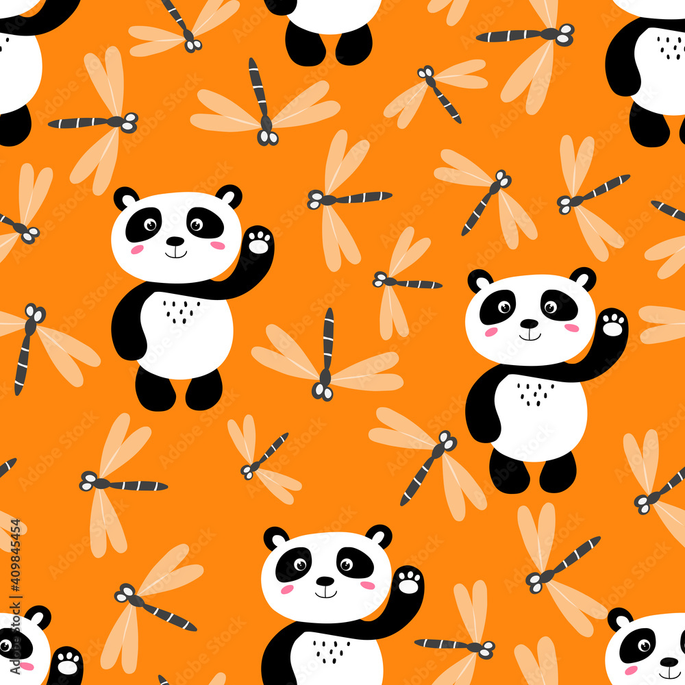 Fototapeta premium Seamless pattern with cute panda baby and dragonfly on color background. Funny asian animals. Card, postcards for kids. Flat vector illustration for fabric, textile, wallpaper, poster, wrapping paper