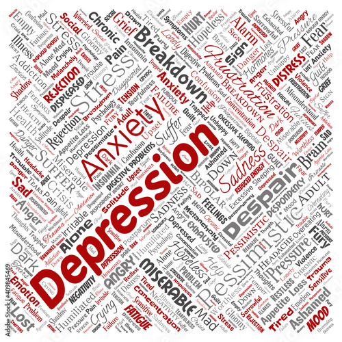 Vector conceptual depression or mental emotional disorder problem square red word cloud isolated background. Collage of anxiety sadness, negative sad, despair, unhappy, frustration symptom