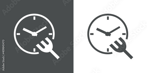 Hora de comer. Logotipo con tenedor pinchando reloj en fondo gris y fondo blanco
