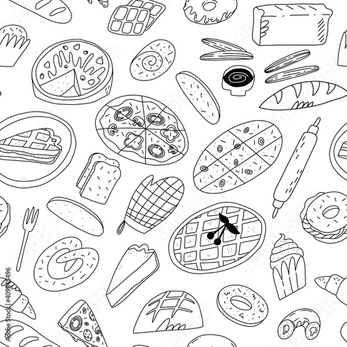 Cute doodle seamless pattern with various traditional American, Spanish, German, Italian and other bakery and pastry.