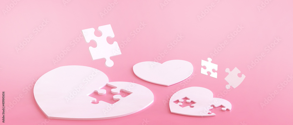 Jigsaw White Heart and Happy Valentine in Love fate Concept on Red Background.digital banner art,Copy Space - 3d rendering Jigsaw White Heart and Happy Valentine in Love fate Concept on Red Background.digital banner art,Copy Space - 3d rendering