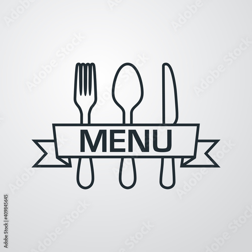 Logotipo con palabra Menu escrito en listón sobre cubiertos con lineas en fondo gris