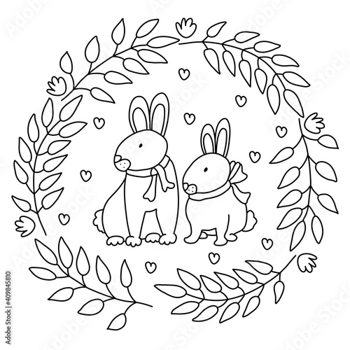 Easter wreath with cute hares or rabbits in doodle style. Isolated outline. Hand drawn vector illustration in black ink on white background. Great for Easter greeting cards, posters, coloring books.