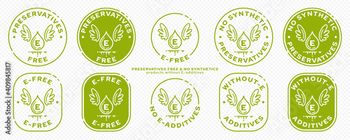 Concept for product packaging. Labeling - no preservatives. Ingredient drop icon with synthetic E-preservative and wings - symbol of freedom from ingredient. Vector set.