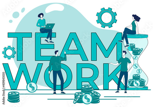 Teamwork.People on the background of a large inscription team work.The concept of business development.Team,people, and business projects.Flat vector illustration.