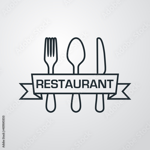 Logotipo con palabra Restaurant escrito en listón sobre cubiertos con lineas en fondo gris
