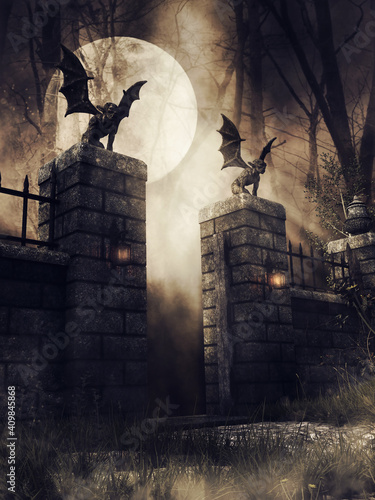 Valokuva Dark scene with an old gothic gate with lanterns and stone gargoyles at night