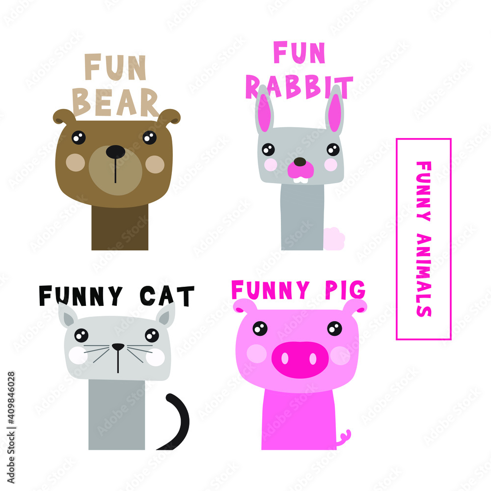 Editable vector. Drawings of small animals. Drawing of cat, dog, giraffe, rabbit and pig. Color drawing of beautiful animals. Modern design of beautiful animals. Editable vector. Drawings of small animals. Drawing of cat, dog, giraffe, rabbit and pig. Color drawing of beautiful animals. Modern design of beautiful animals.