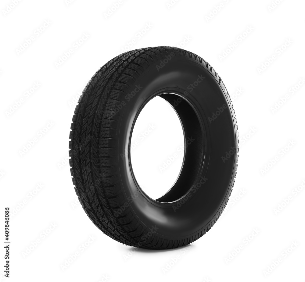 New winter tire isolated on white. Car maintenance