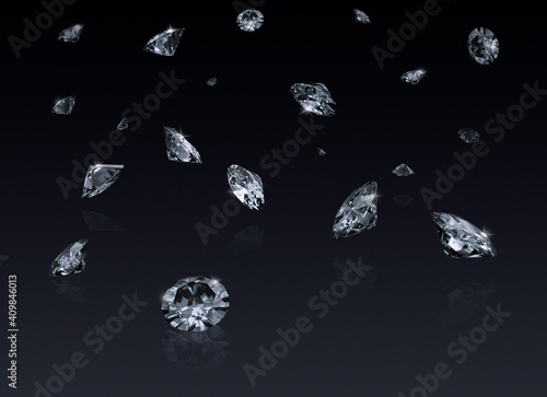 Falling 3D diamonds on black background. 3D render